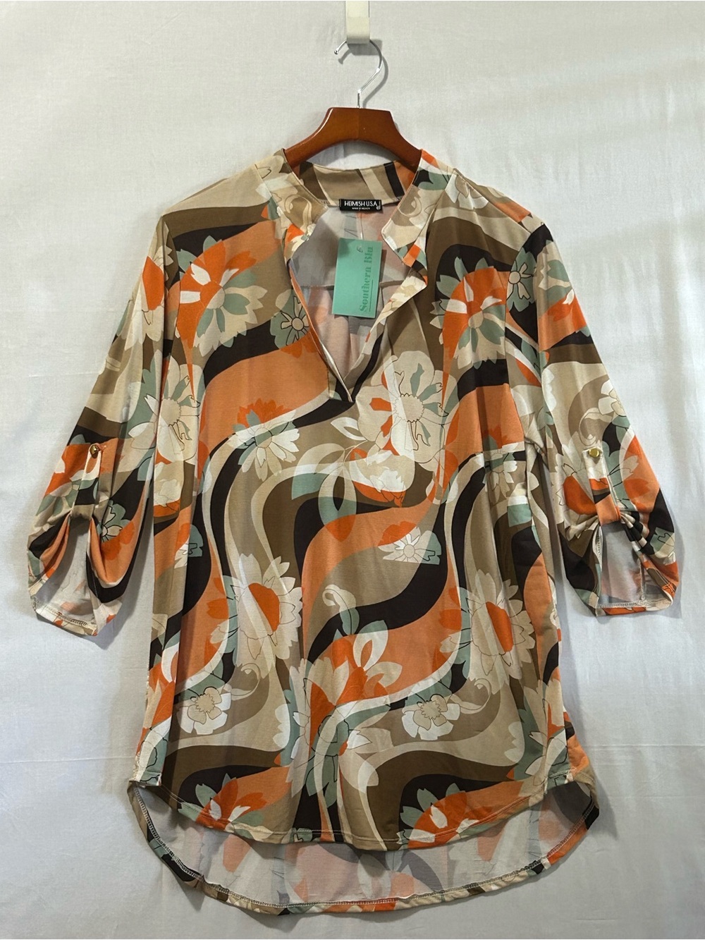 HEIMISH U.S.A. - Wave-Print V-Neck Tunic in Orange, Tan and Brown
